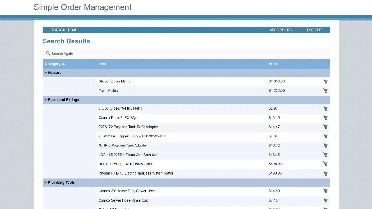 Screenshot of a sample search result on Caspio's Simple Order Management app.