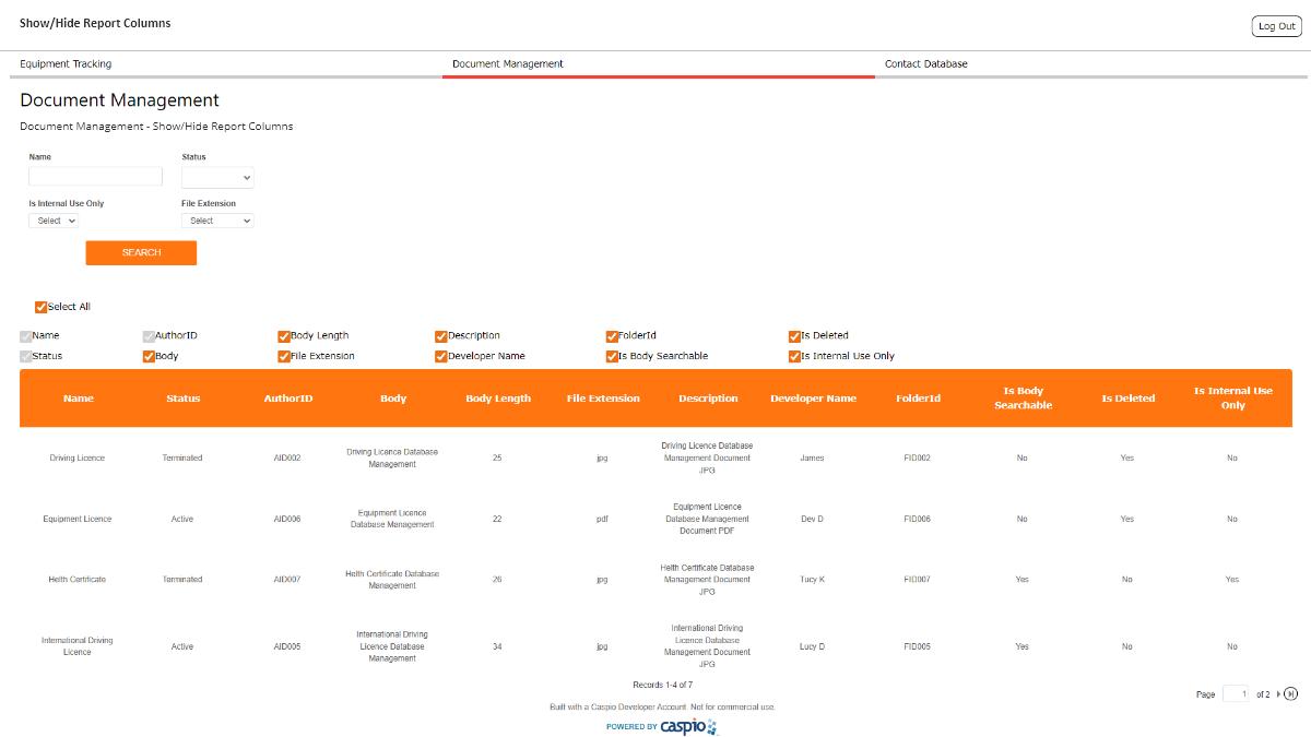 Screenshot of a sample "Document Management" page using Yvthinkers' Show/Hide Report Columns extension.