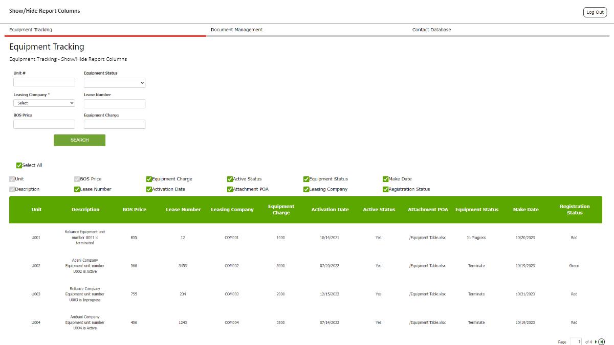 Screenshot of a sample "Equipment Tracking" page using Yvthinkers' Show/Hide Report Columns extension.