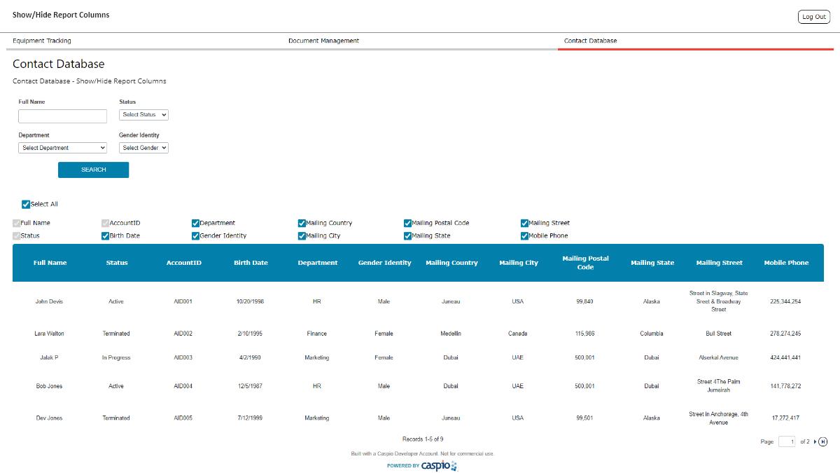 Screenshot of a sample "Contact Database" page using Yvthinkers Show/Hide Report Columns extension.